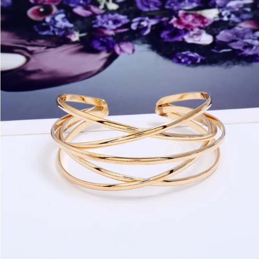 Gold Plated CrissCross Metal Open Bangle Bracelet